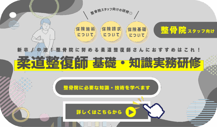 整骨院スタッフ向けの研修◎新卒/中途！整骨院に努める柔道整復師さんにおすすめはこれ！保険基礎 について保険請求 について保険施術 について詳しくはこちらから整骨院に必要な知識・技術を学べますスタッフ向け柔道整復師 基礎・知識実務研修整骨院