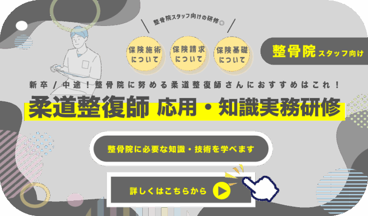 整骨院スタッフ向けの研修◎新卒/中途！整骨院に努める柔道整復師さんにおすすめはこれ！保険基礎 について保険請求 について保険施術 について詳しくはこちらから整骨院に必要な知識・技術を学べますスタッフ向け柔道整復師 応用・知識実務研修整骨院