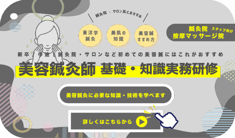 美容鍼灸師 基礎・知識実務研修新卒/中途！鍼灸院・サロンなど初めての美容鍼にはこれがおすすめ鍼灸院・サロン系におすすめ美容鍼 すすめ方美肌の 知識東洋学 鍼灸スタッフ向け鍼灸院 按摩マッサージ院詳しくはこちらから美容鍼灸に必要な知識・技術を学べます